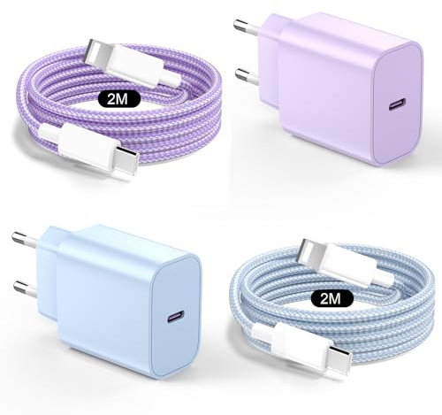 2Pack 20W Caricatore per iPhone, USB C Rapido Caricabatterie con Cavo Lighting 2M, PD3.0 Tipo C Spina Alimentatore per iPhone 14/14 Plus/14 Pro/14 Pro Max /13/12/11/XS/XR/X/SE - Viola+Blu