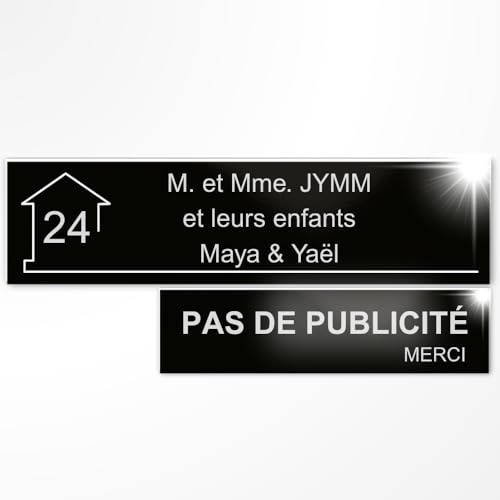 Plaque Boîte aux Lettres et Stop Pub Personnalisée Noir brillant/Blanc | Lot de 2 Plaques boîte aux lettres et Pas de Publicité , Gravure Laser, 22 Couleurs, Avec ou Sans Motif, Adhésif 3M