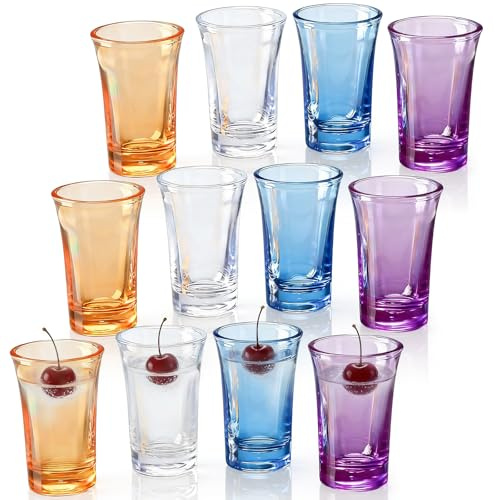 Tel Charme * 12-Pack 35ml Coloured Heavy Base Shot Glasses | Stackable Multicolored Shot Glass Set for Vodka, Tequila, Whisky Shots | Durable & Reusable Barware for Home, Bars & Parties