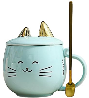 HUMOCHUSON Tazzine Caffe Tazza In Ceramica A Forma Di Gatto Da 480 Ml Adatta A Uomini E Donne Con Coperchio, Cucchiaio E Coperchio Può Essere Utilizzata Come Supporto Per Cellulare