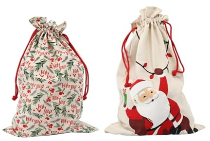 MIKONI 2 x Geschenksack mit Zugbändern Geschenktüten Weihnachtstüte Weihnachtssack Nikolausbeutel Baumwolle, Deko, Weihnachtssack, XXL Nikolaussack Weihnachtsmann Sack Santa Sack