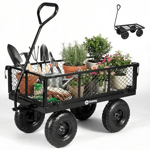 Sekey Heavy Duty Garden Trolley on Wheels, 350kg/100L Large Metal Utility Cart, 3-in-1 Pull Wagon with Removable Sides & Flatbed, 10 Pneumatic Tyres for Plants, Logs, Camping, Festivals - Black