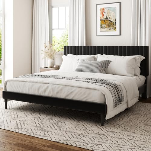 viplov Bett 180 x 200 cm Doppelbett,Polsterbett mit Kopfteil, höhenverstellbarem Kopfteil Bettrahmen mit Lattenrost, geeignet für Schlafzimmer, schwarz
