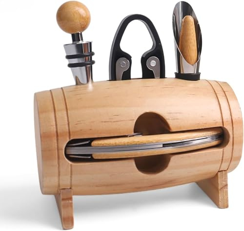 Set regalo per amanti del vino, con cavatappi, tagliacapsule, versatore, tappo, elegante barile in legno per accessori da sommelier