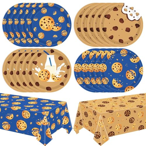 42 PCS Milk and Cookies Birthday Party Plates Chocolate Chip Cookie Tableware Set Cartoon Friends Street Party Plate 7 Inch Cookie Monster Tablecloth 51x86IN for Boys Girls Birthday Baby Shower Supply