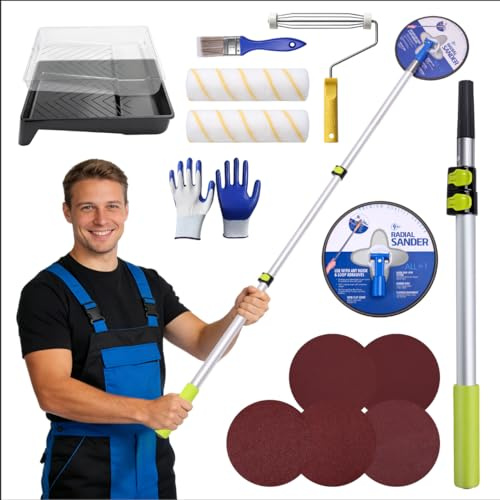 Drywall Pole Sander with Paint Roller Kit, Adjustable Extension Handle, 360° Pivot Head, Manual Wall Prep & Painting Tool Set