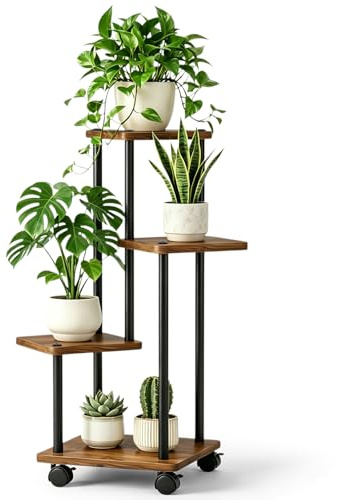 JNUYISW Soporte para Plantas de Interior, 4 Niveles Estante para Plantas con Ruedas Soporte de Flores en Metal y Madera Estanteria para Múltiples Plantas para Patio, Jardín, Balcón, Sala de Estar