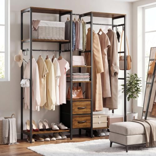 IRONCK Kleiderständer, Offener Kleiderschrank aus Metall und Holzwerkstoff | Freistehendes Schranksystem, 3 Stangen 2 Schubladen Ablageregale für Schlafzimmer Ankleidezimmer 150x38x180 cm Vintage Braun