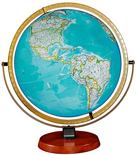 Nicollet Illuminated 16 Diameter National Geographic Cartography, with Mountain Relief, Blue Ocean Globe Ball and Walnut Finished Hard Wood Base. The Nicollet features a medium teak hardwood base with steel yoke and die-cast meridian. This sturdy illuminated globe is perfect for the office, classroom and home. Thousands of place names are complemented with raised relief topographic features. Made in the U.S.A.