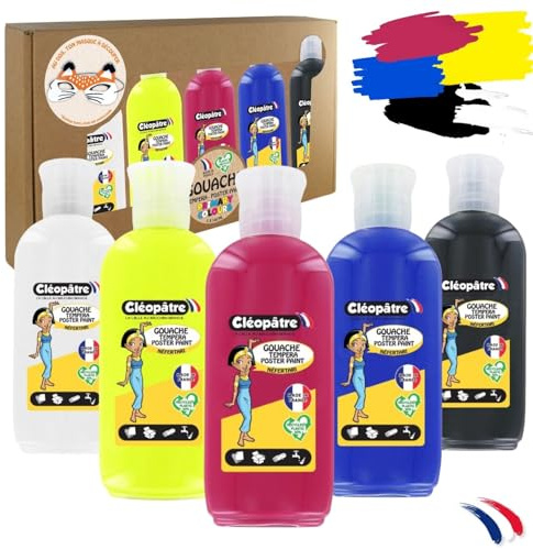 CLEOPATRE – Peinture Gouache – Coffret de 5 flacons de 100ml – Couleurs Primaires - Couvrante et Facile à Nettoyer - École et Loisirs Créatifs pour Enfant