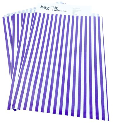 Bag It Plastics | Candy Stripe Paper Sweet Bags | Purple | 10 x 14 / 250x350mm | Pack of 50 | Sweet Bags, Popcorn Bags, Wedding Favours, Pick and Mix Bags & Cookie Bags | Premium UK Made Bags!