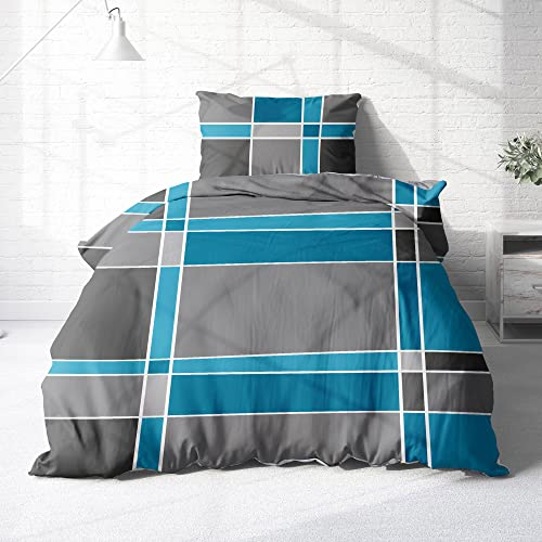 Träumschön Biber Bettwäsche Set 2tlg 155x220 cm + 80x80 cm – Flauschige Bettwäsche Grau/Blau – Weiche Winterbettwäsche mit Karo Design - Atmungsaktiv, Warm & Hautfreundlich - 100% Baumwolle
