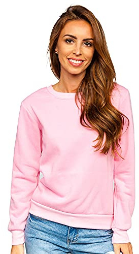 BOLF Damen Sweatshirt Pullover ohne Kapuze Basic Langarmshirt Top Baumwollmischung Pulli Rundhals-Ausschnitt Sweater Farbvarianten Sportlich Fitness J.Style W01 Rosa M [A1A]