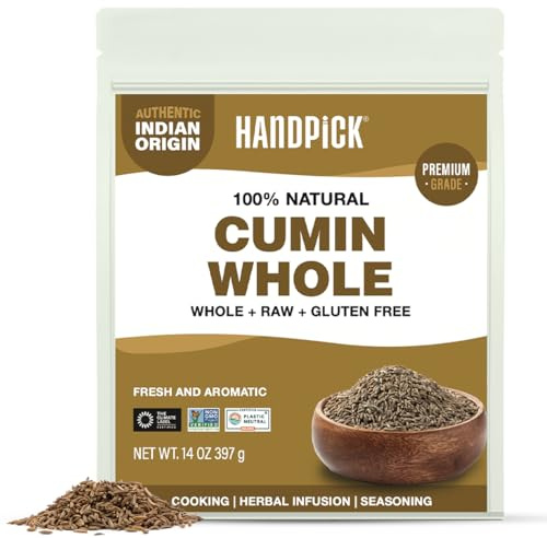 HANDPICK Cumin Seeds (397g/14oz) Non GMO, Gluten Free, 100% Raw, Sourced from India, Excellent Flavor, Aromatic, For Tempering, Spice Blends and Seasonings, Packed in Resealable Ziplock Pouch
