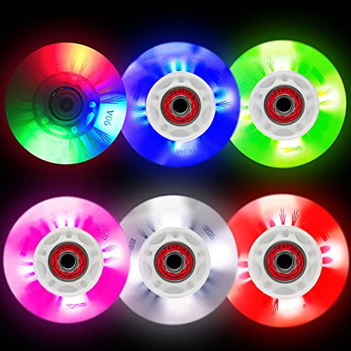 Light up Inline Skate Wheels & Roller Blade Wheels 76mm/80mm with Bearings ABEC-9 for Indoor & Outdoor use 90A Luminescence Roller Blade Wheel 4-Pack (Colorful, 80mm)