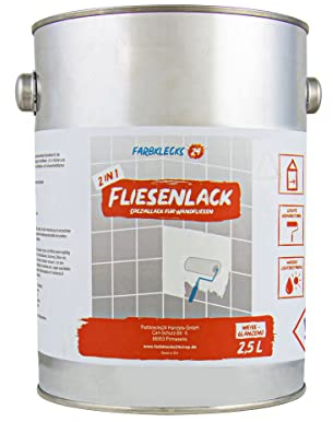 Farbklecks24 Fliesenlack weiss (2,5L) glänzend, Lack für Wandfliesen, Fliesenfarbe, für Küche u. Bad