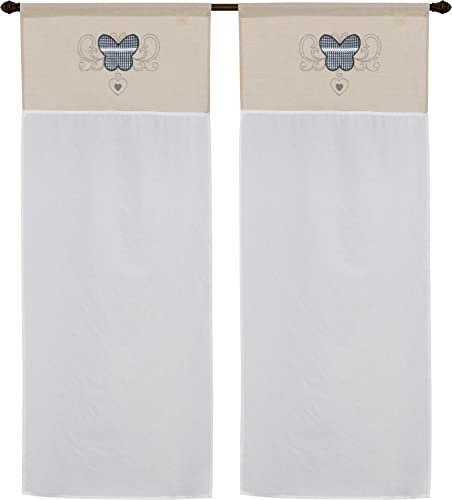 coppia di tendine a vetro da cucina art nancy shabby tessutto effetto lino seta in poliestere con ricamo farfalla motivo scozzese e balza pizzo macrame mis 60x150cm dis bacio volante grigio