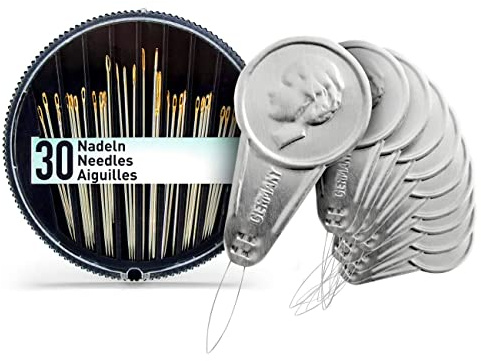 10 Nadeleinfädler + 30 Handnähnadeln, Klassische Metall-Einfädelhilfen für Nähmaschine und Hand mit 30 Nadeln in verschiedenen Stärken und Längen