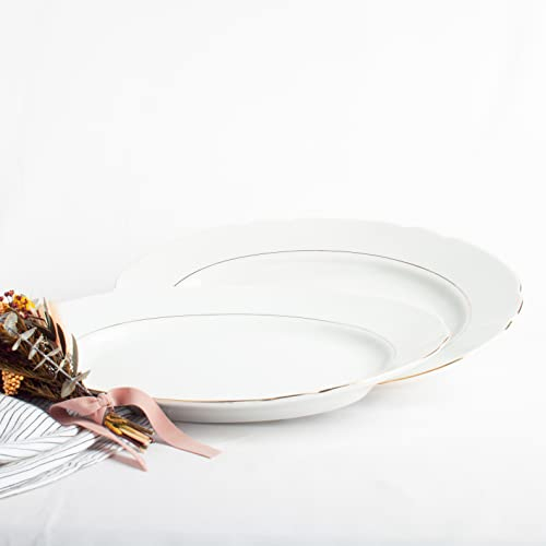 FranquiHOgar Bandeja grande 37 cm y bandeja pequeña 29cm | Vajilla blanca de porcelana con filo de oro | Fuentes de servir Modelo Sena