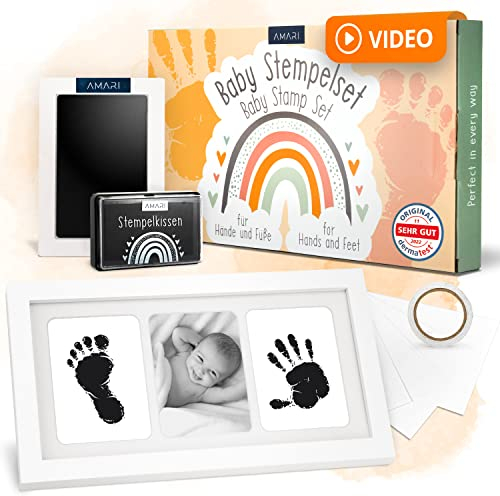 AMARI® Baby Handabdruck & Fußabdruck Set – Stempelkissen für Babys – Geschenk zur Geburt & Babyparty – inkl. 2 Stempelkissen & 4 Abdruckkarten (Groß (Komplettset mit Bilderrahmen))