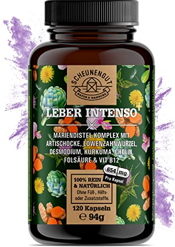 LEBER INTENSO®+ Leber Kapseln Hochdosiert -WICHTIG: Laborgeprüft mit Cholin, Mariendistel, Artischocke, Löwenzahn,Desmodium PLUS 80% Silymarin und 5% Cynarin 120Stk DE SCHEUNENGUT®