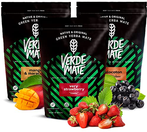 Verde Mate Green lot de 3 yerba mate fraise peche mangue maracuja 3 x 500g | Lot de 3 yerba mate brésiliennes aux saveurs fruitées de fraise, pêche, mangue et fruit de la passion en sachets de 500g