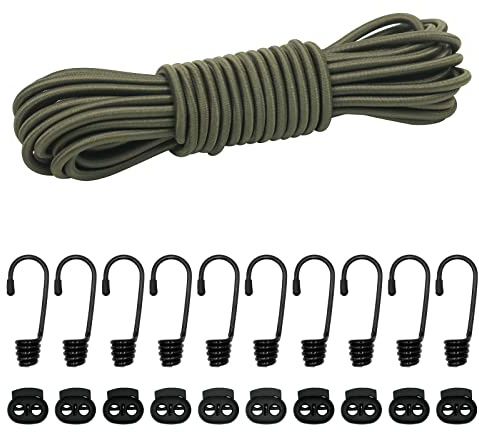 suruikei Gummiseil, elastisches Expanderseil Gummischnur Gummikordel Gummiband Planenseil Spannseil mit Haken Zubehör DIY (Dunkelgrün, 6mm x 10m)