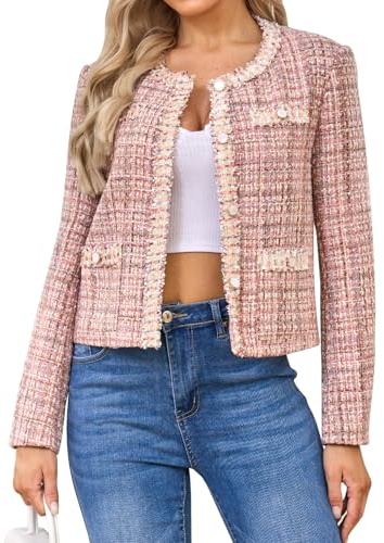 Xaspee Women's Tweed Blazers Cropped Long Sleeve Crewneck Open Front Lace Trim Lightweight Plaid Work Blazer Jackets (Pink, XS)