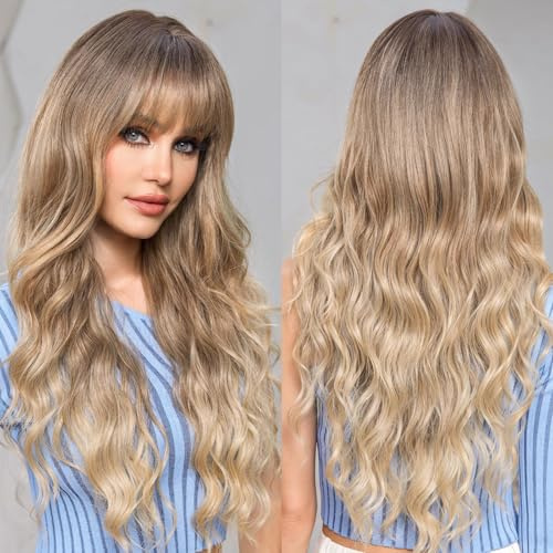 EMMOR Ombre Aschblonde Perücken für Frauen Highlight Farbperücken mit Pony Lange Lockige Hitzebeständige Faser Synthetische Perücke Täglich Natürlich Aussehend