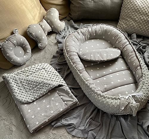 STERNE Grau/MINKY Grau Polar Fleece Baumwolle Babynest Neugeborene Baby Unterlage Reisebett Nestchen SOLO/o.in Ausstattung SETS (Nestchen + DECKE (80x100cm) + MATRATZE + 2 x Kissen)