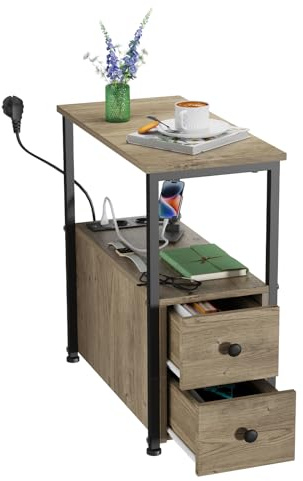 PIPIPOXER Beistelltisch mit Ladestation,Nachttisch schmal mit Steckdose, Nachttisch mit 2 AC-Anschlüsse, 2 USB-Anschlüsse für Wohnzimmer, Schlafzimmer (Grau, 1er Set)