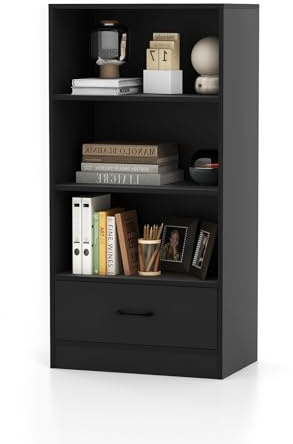HOMASIS Vertikales Bücherregal mit Schublade, Bücherregal aus Holz mit 4 Ebenen, Standregal mit Kippschutz, Gesamtbelastbarkeit 90 kg, 60 x 38 x 120 cm (schwarz)