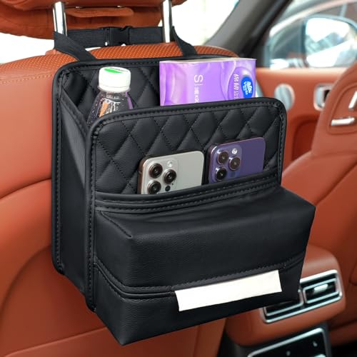 TepTupGa Car Seat Back Organizer with Tissue Holder, Waterproof Hanging Car Backseat Storage Bag for Phones Documents Cups Bottle Travel Compatible with Most Vehicles
