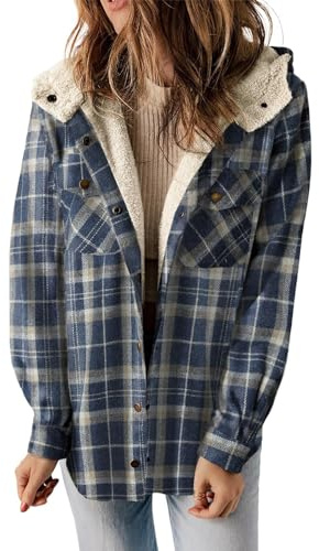 Veste de bûcheron pour femme - Doublée - Manches longues - Tunique - Boutonnière - Élégante chemise à manches longues - Avec capuche - À carreaux - Pour l'automne et le printemps - Veste demi-saison -