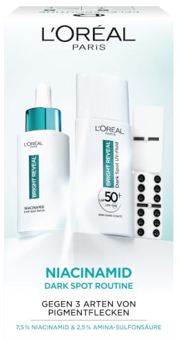 L'Oréal Paris Anti- Pigmentflecken Set: Bright Reveal Niacinamid Serum & UV Fluid LSF50, für strahlende & ebenmäßige Haut