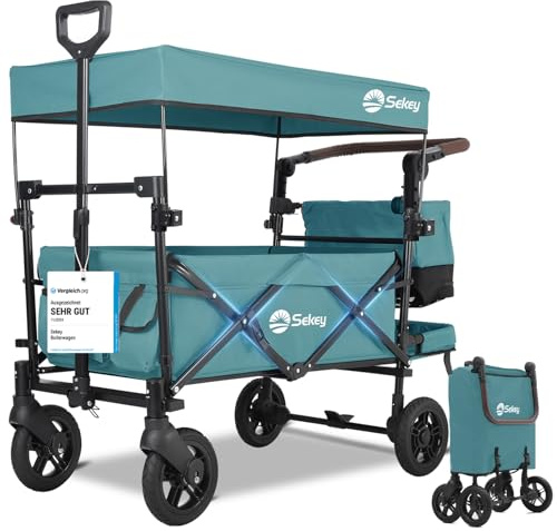 Sekey Bollerwagen Faltbar mit Dach 2 Kinder 100KG, Faltbarer Bollerwagen Handwagen Schiebegriff, Kinderwagen Stoßfest PU Räder mit Bremsen 110L, SS5050, Dunkelgrün, Regenschutz Nicht enthalten