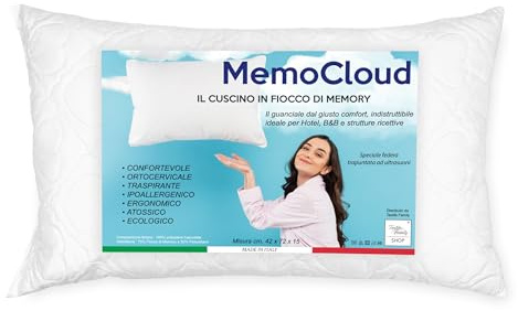MemoCloud Guanciale Ortopedico - Fiocco di Memory, Anti-allergico e Traspirante, Ideale per Dolori Cervicali e Supporto Ergonomico - 42x72 cm, Prodotto in Italia, Confortevole e Adatto per Hotel e B&B
