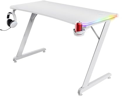 Trust Gaming GXT 709W Luminus Mesa Gaming LED RGB, 10 Modos de Color, Alimentación USB, Soporte de Auriculares y para Vasos, Escritorio Blanco 120 x 60 para Ordenador, Oficina, Gamer