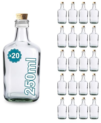 Espirito Rebelde 20x Bouteilles en Verre 250ml Style Flasque à Alcool avec Bouchon en Liège | Flacon pour Whiskey, Rhum, Liqueur | Fioles de Poche pour Boissons Spiritueuses