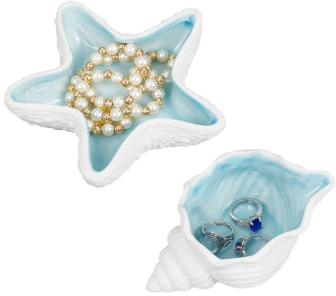 NBEADS 2 Pcs Ocean Theme Ceramic Jewelry Tray, 2 Styles Blue Shell Conch Trinket Plate Decorative Ring Earring Holder for Necklaces Bracelet Rings Earrings Jewelry Watch Keys