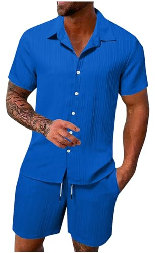 HAOLEI Mens Cotton Linen Shorts and Shirt Sets UK Sale Clearance Tracksuit Set Summer Co Ord Sets Short Sleeve Button Down Shirts & Shorts with Pockets 2 Piece Outfits Vacation Beach Wedding Suits