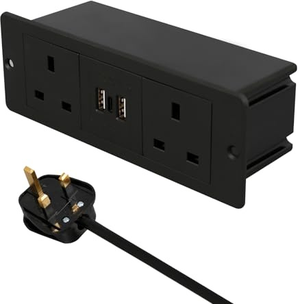 Btstil Desk Recessed Power Strip with 2 AC + USB A + USB C, Multiple Socket Outlets Flush-mounted with 1.8M for Office, Kitchen (Black)