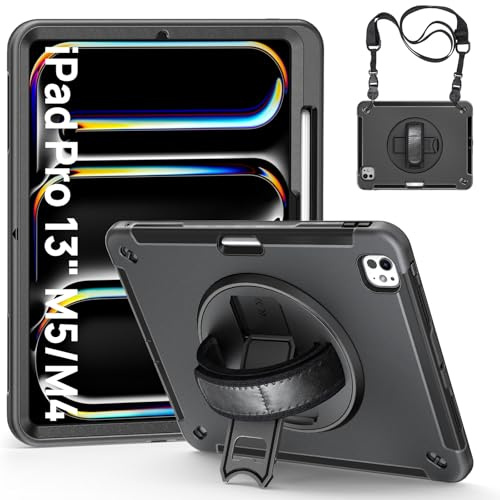 Gerutek Custodia Antiurto per iPad Pro 13 Pollici M5/M4 (2025/2024) | Cover Protettiva Robusta con Supporto Rotante 360/Cinghia a Mano/Spalla per iPad Pro 13 M5, Nero