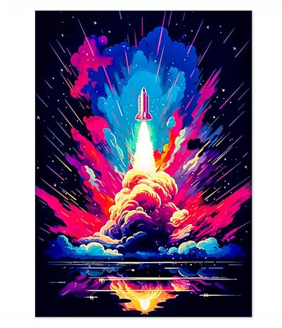 Spaceship Space Poster, Colourful Abstract Astronomy Wall Art Home Decor, Astronaut Planets Print, Archival Matte, A4 (Print Only) - 29.7x21cm