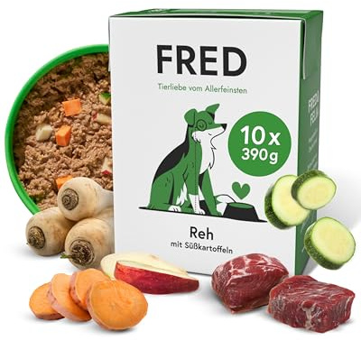 FRED Hundefutter REH mit Süßkartoffeln 10 x 390 g I Monoprotein Nassfutter mit Muskelfleisch I Getreidefrei & hypoallergen I Mit Zucchini & Apfel I Alleinfuttermittel für ausgewachsene Hunde
