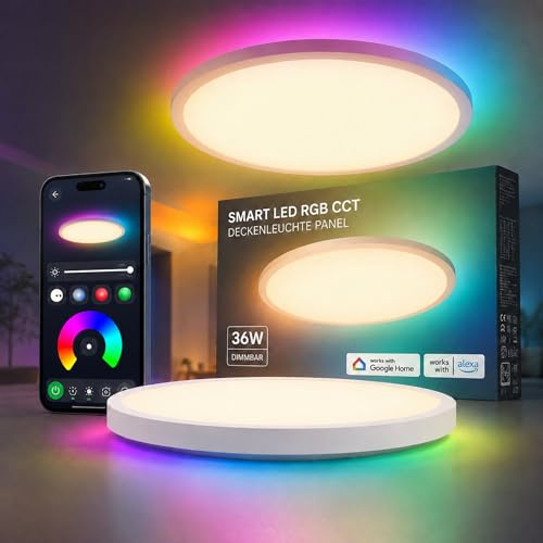 Smart LED RGB CCT taklampa, panel, 36 W, dimbar, kompatibel med Alexa, Google Home, röststyrning