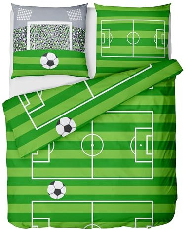 LINKHOFF Fußball Bettwäsche 135x200 cm 2tlg. - Biber Kinderbettwäsche Fußballmotiv in Grün - Bettwäsche-Set für Kinder mit Reißverschluss - 100% Baumwolle - Jungen Jungs