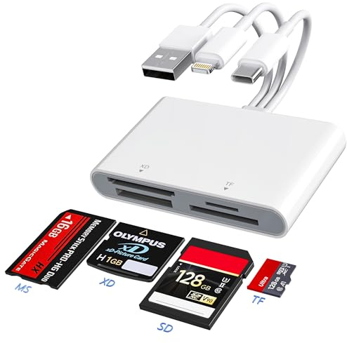 Memory Stick Pro Duo Adapter - XD Picture Card Reader for iPhone/USB C/A, 4 in 1 SD/TF/MS/XD Card Reader Adapter Sony Cybershot Card Reader Support iPhone 17/16/15/14/13/12/11/iPad/PC/Android/Laptop