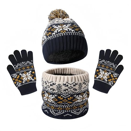 Cappello a Maglia Bambini Invernale Sciarpa Guanti Berretto con Pompom Ragazzi Berretto Beanie Cappello a Maglia Bambini Inverno Sciarpa Guanti Set Morbida Beanie