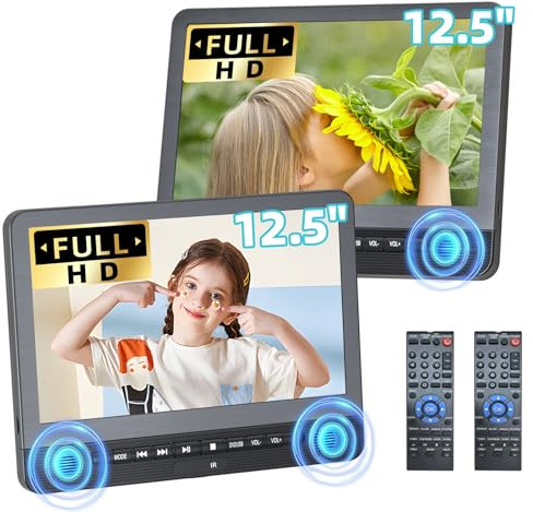 12.1'' DVD Player for Car with Dual Screen, Headrest DVD Player for Kids Play A Same or Two Different Movies, Support USB/SD, Portable DVD Player for Car Last Memory